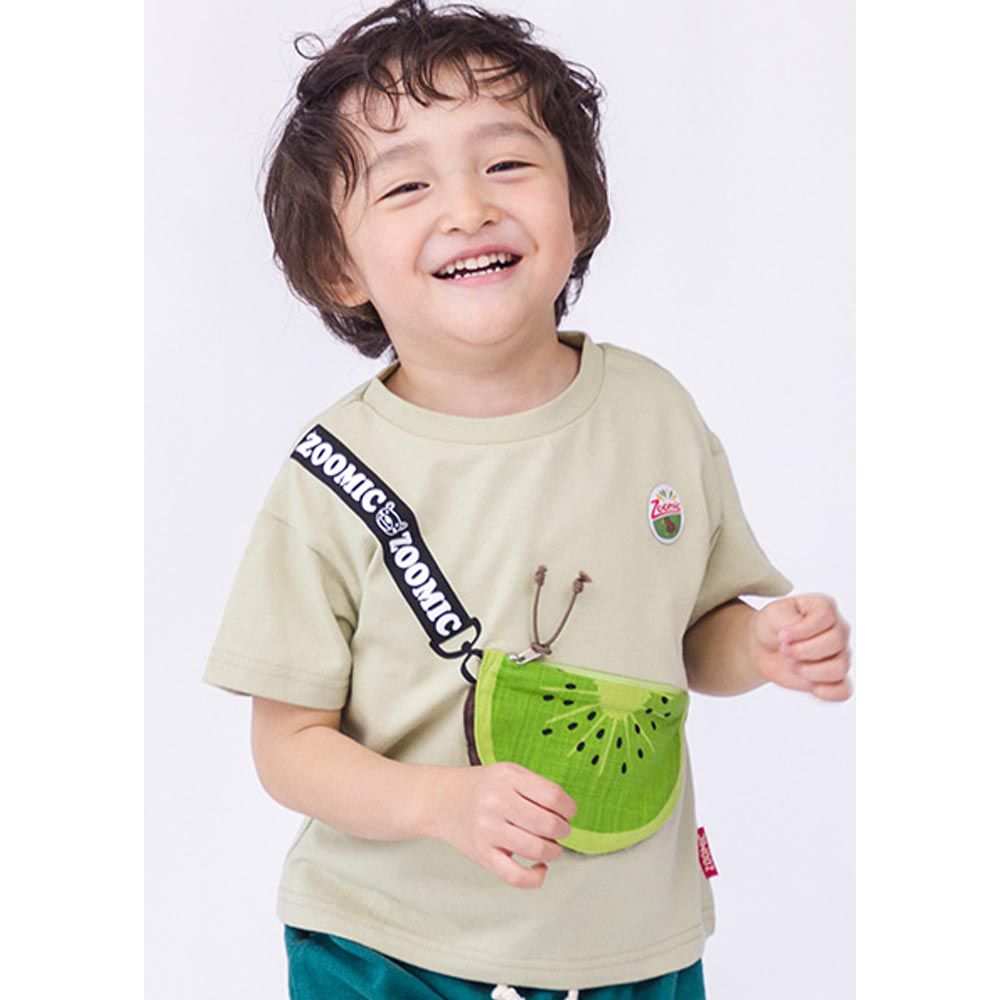 日本 ZOOLAND - 夏日水果口袋純棉短袖上衣-奇異果-淺軍綠