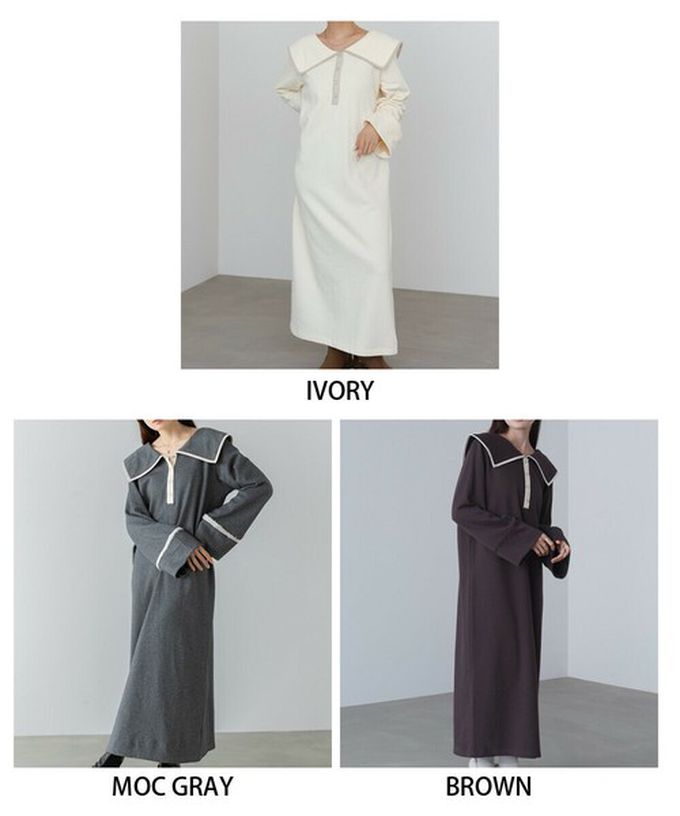 日本 Bab - 滾邊個性大翻領休閒長袖洋裝-咖啡