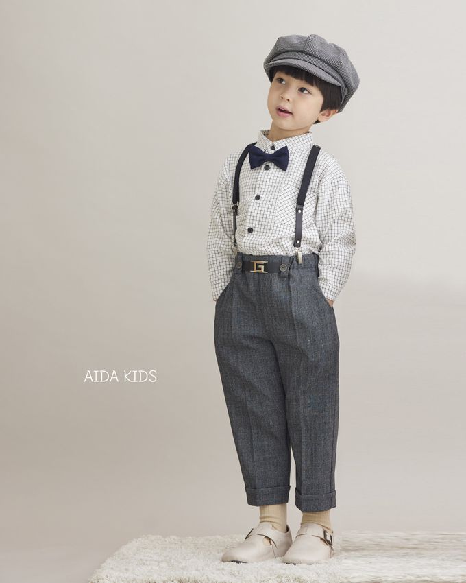 韓國 AIDA - 裝飾腰帶鬆緊腰直筒長褲-黑灰