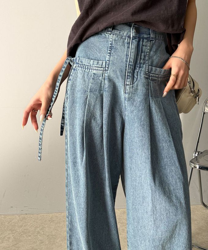 日本 Classical Elf - 側蝴蝶結純棉丹寧摺線寬褲-(環保材質)-淺藍