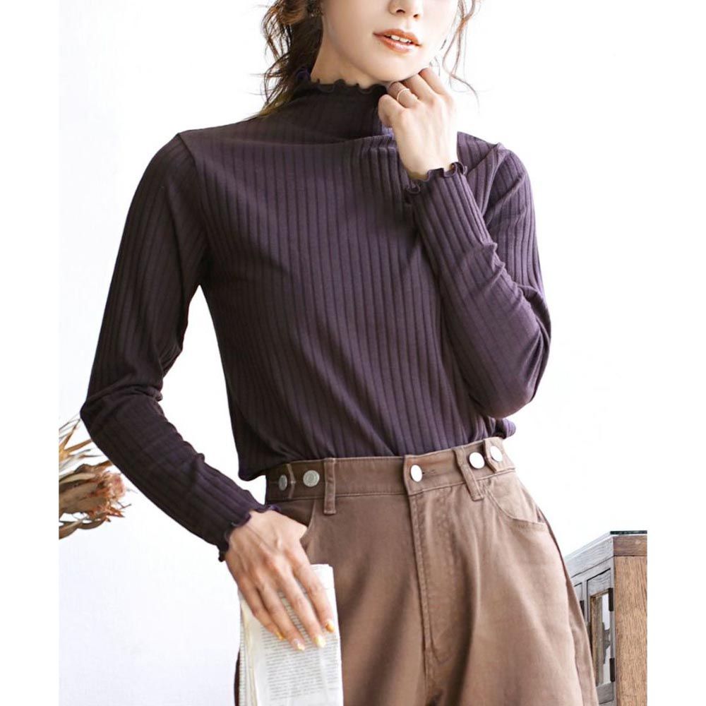 日本 zootie - [熱銷款] 木耳領羅紋彈性薄長袖上衣-中高領-葡萄紫