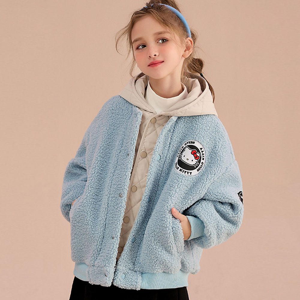 假兩件輕暖鋪棉連帽毛毛外套-卡通人物Hello Kitty-藍色
