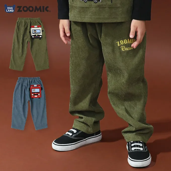 日本 ZOOLAND - 熊熊救援隊 燈芯絨車車口袋長褲-警車-軍綠