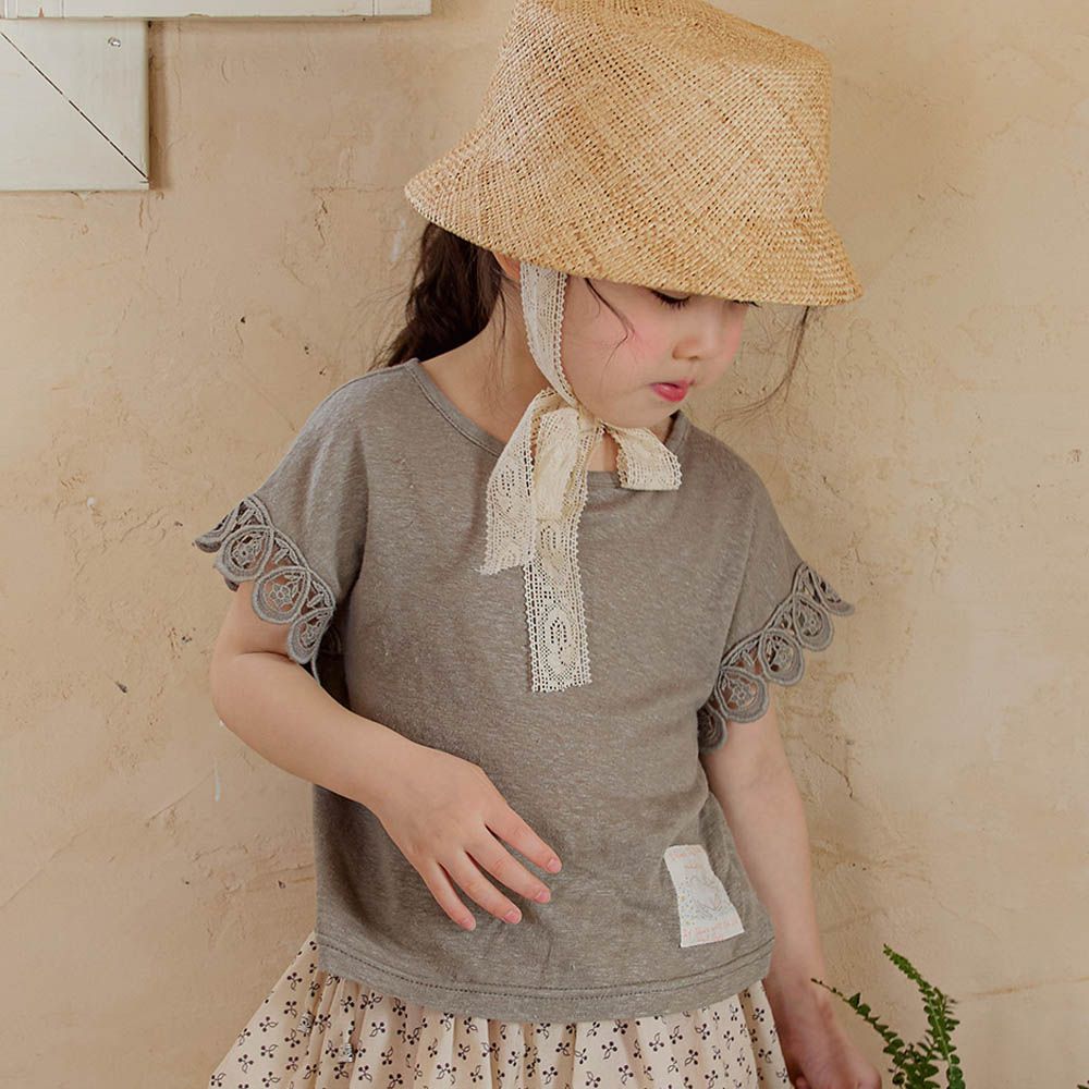 鏤空繡花裝飾短袖上衣-灰軍綠