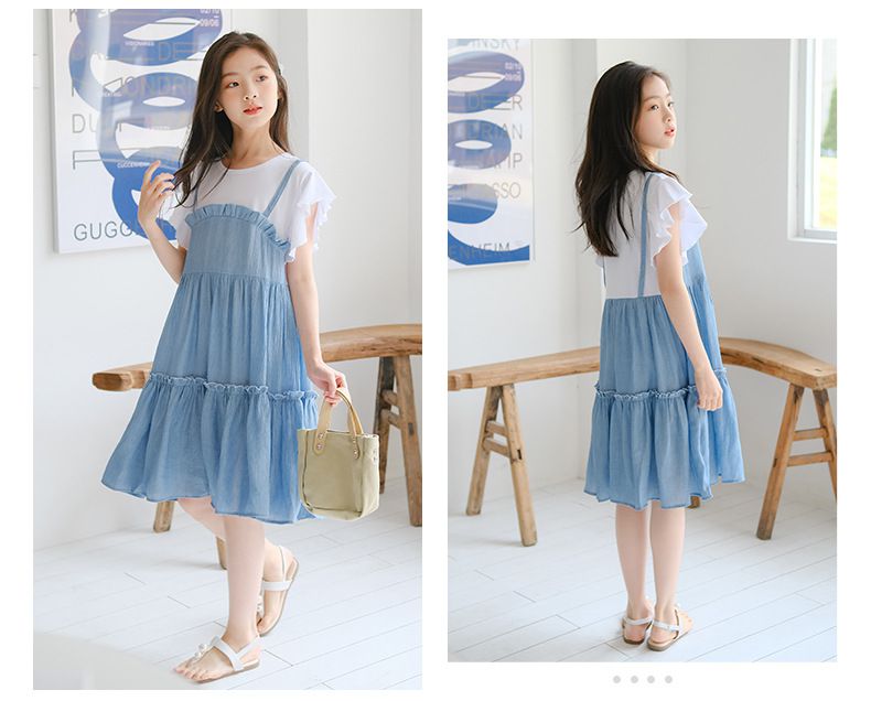 假兩件式拼接蛋糕裙洋裝-藍+白