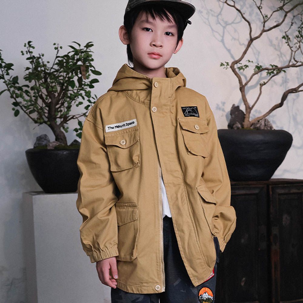 純棉多口袋工裝連帽外套-卡其