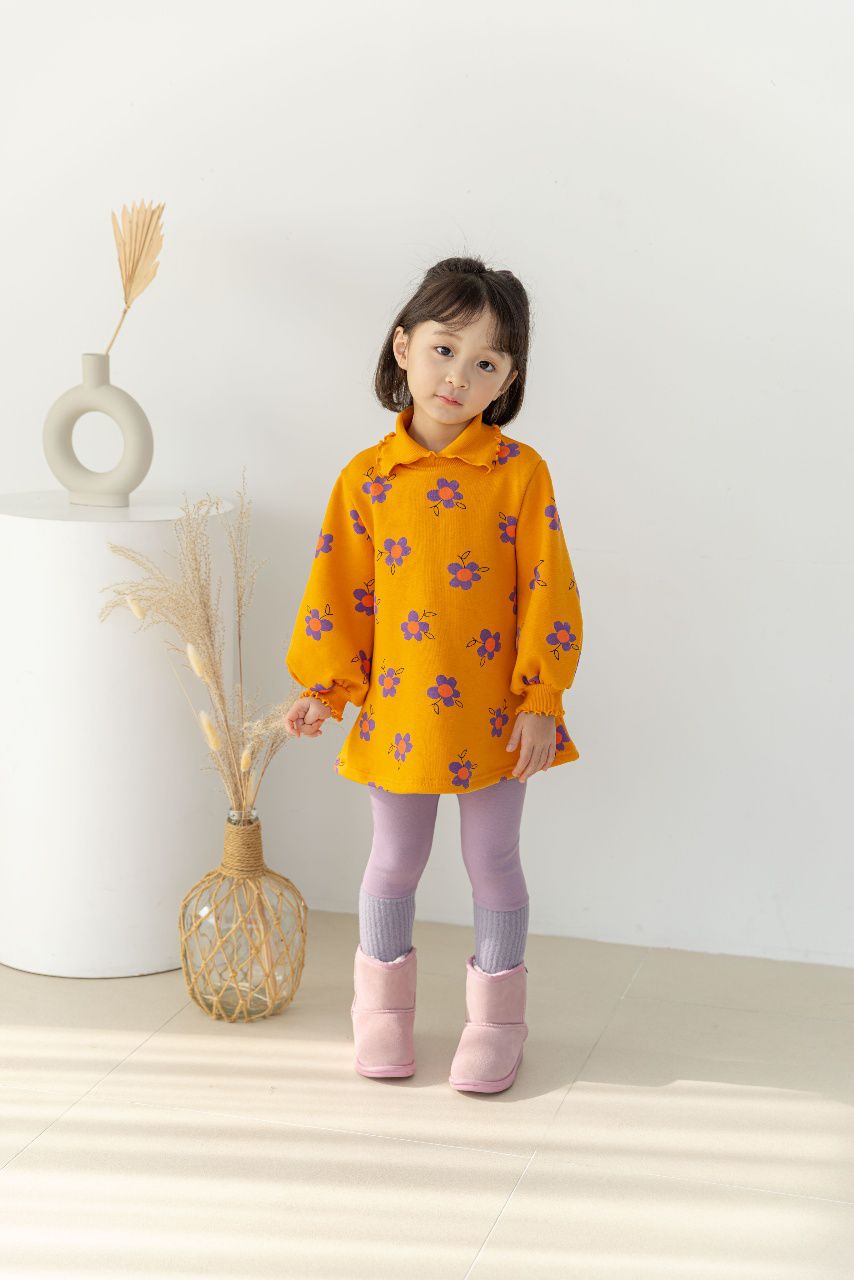 韓國 Orange Mom - 卷卷領可愛花花泡泡袖洋裝-橘黃