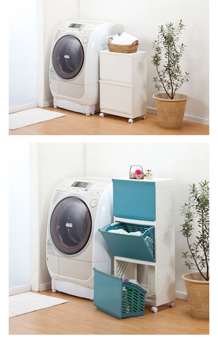 平和Heiwa - Clevan日製多功能前開雙層分類洗衣籃櫃(附輪)-天空藍
