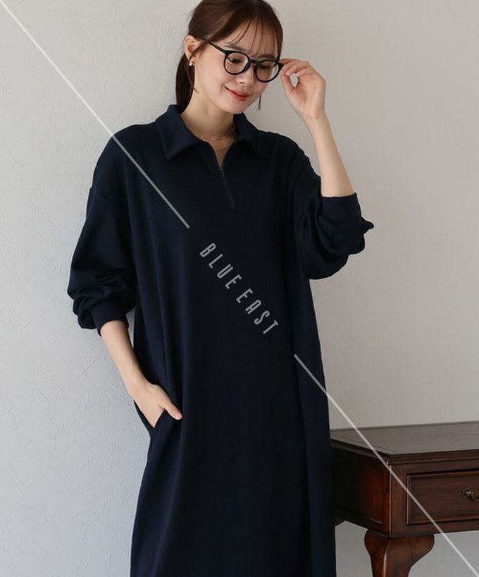 日本 BLUE EAST - 半拉鏈時尚休閒長袖洋裝-淺灰