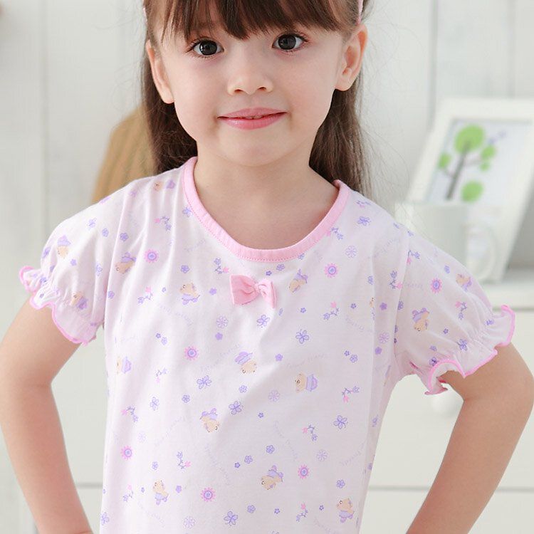 Annypepe - 女童木漿棉熊印花短袖居家睡衣洋裝-紫