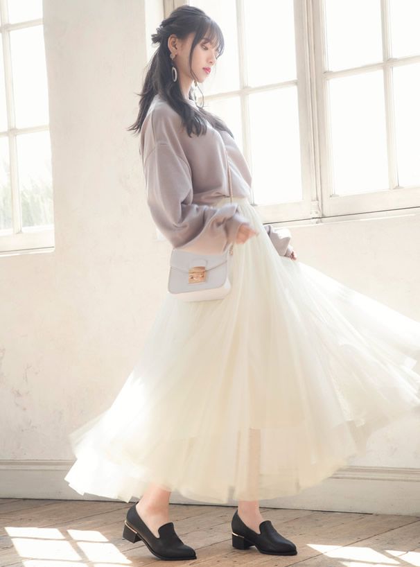 日本 GRL - 飄逸顯瘦雙層傘紗裙-天使白 (M)