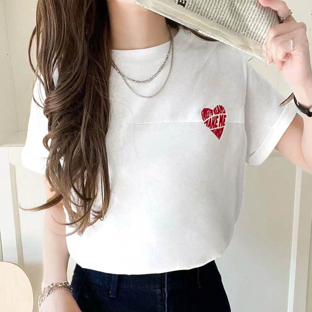 經典胸前愛心刺繡短袖上衣-紅愛心-白