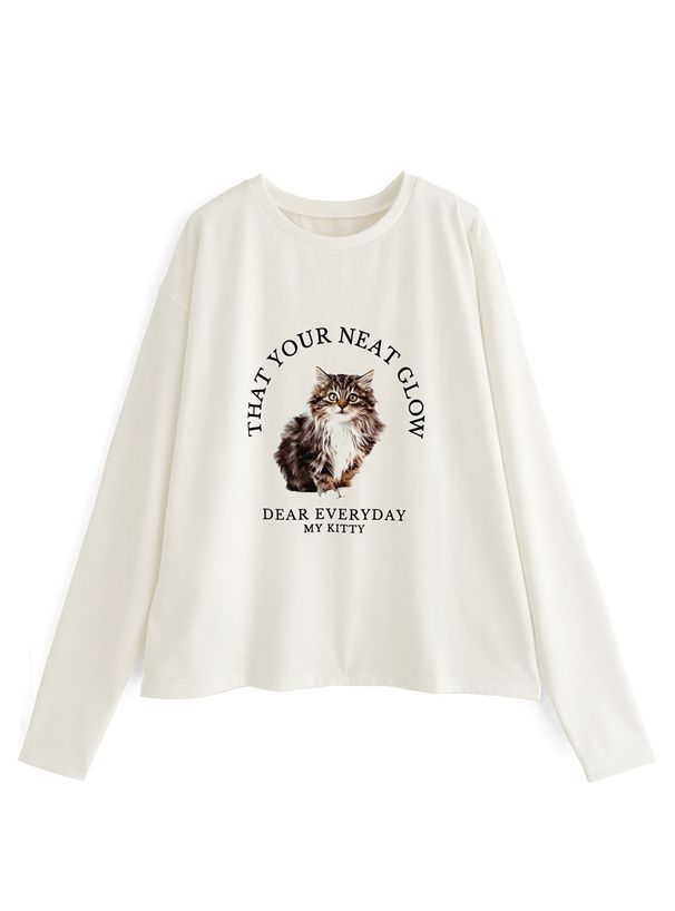 日本 GRL - 棉混圓領貓咪印花長T-虎斑貓-白 (F)