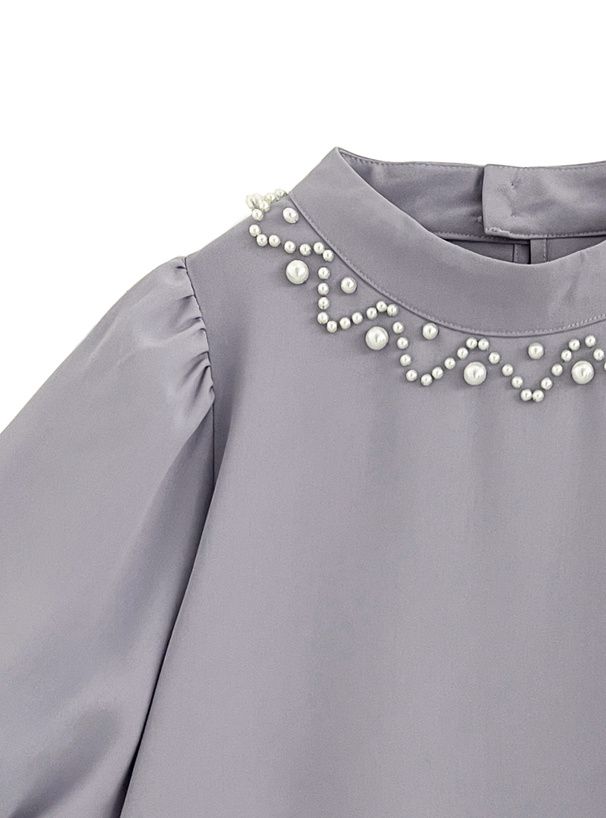 日本 GRL - 優雅珍珠點綴圓領澎澎袖上衣-淺米杏 (F)