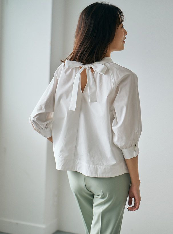 日本 GRL - 美背後綁帶七分袖上衣-淺米杏