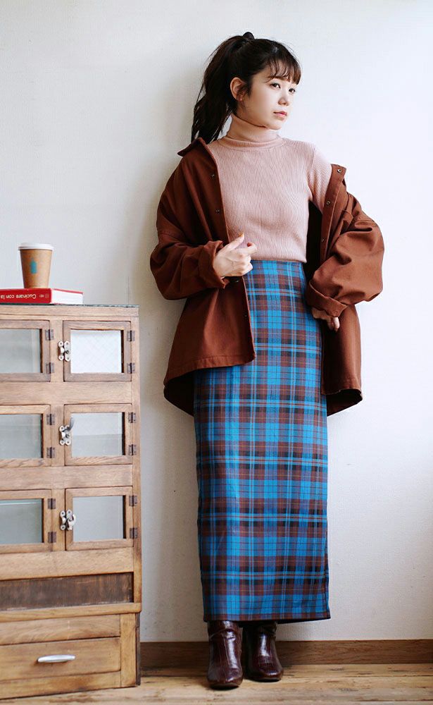 日本 zootie - 學院風格紋修身鉛筆裙-酒紅