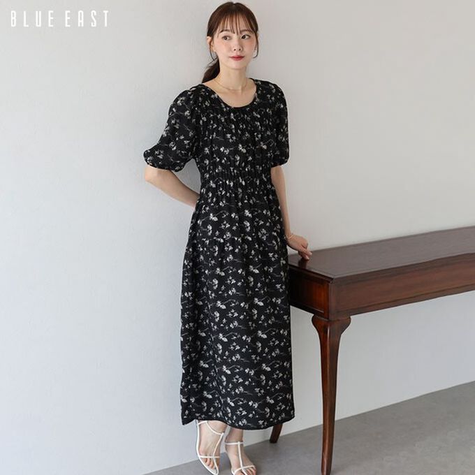 日本 BLUE EAST - 水墨感花卉束腰泡泡袖洋裝-棕綠 (M)