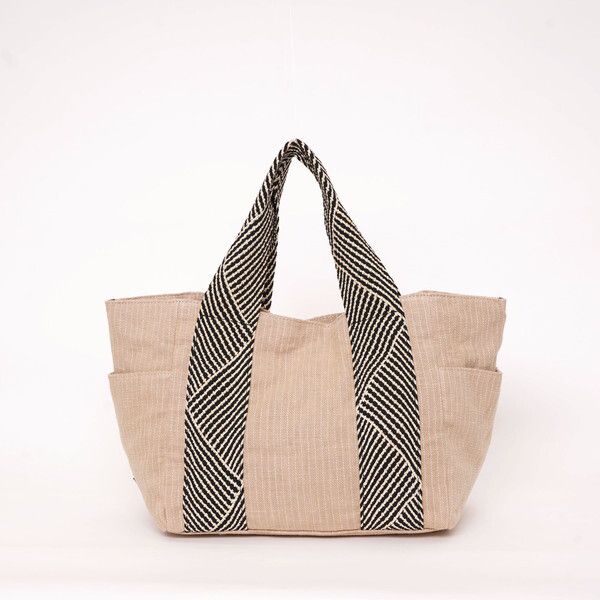 日本 COOCO - 棉麻條紋拼接手提包-黃 (27.5x24x16cm)