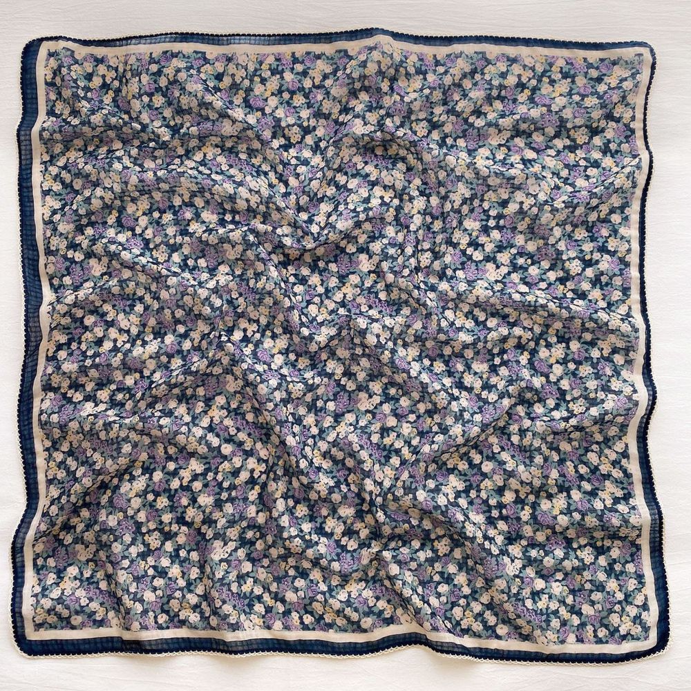 法式棉麻披肩方巾-玫瑰花-藍色 (90x90cm)