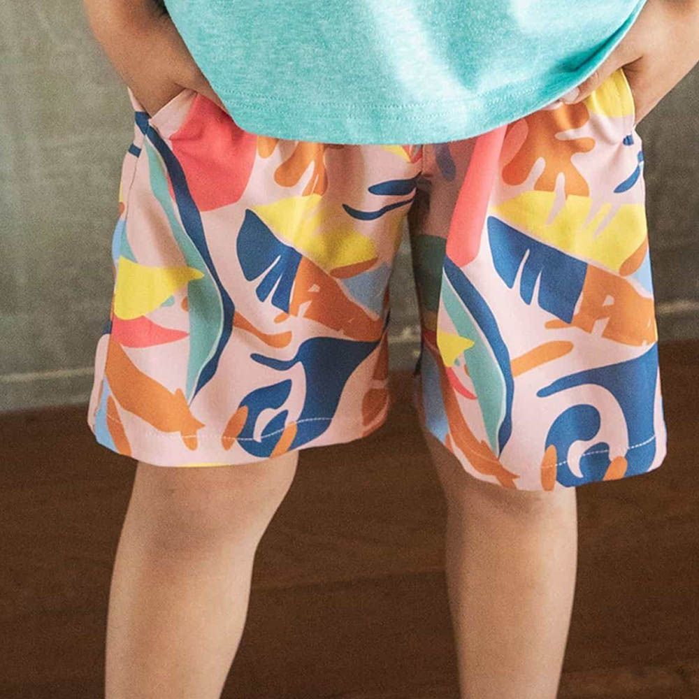 吸水速乾 渡假風印花短褲-棕櫚葉-橘粉