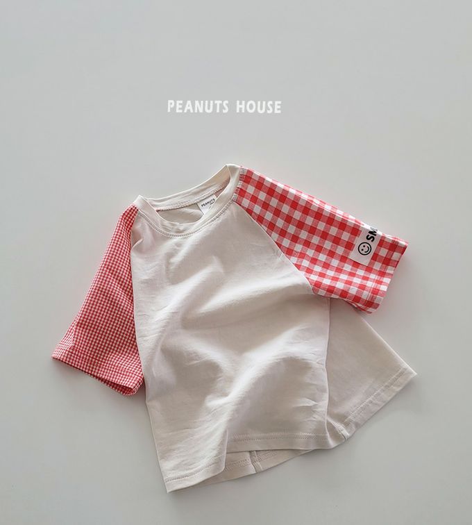 韓國 Peanuts House - 純棉拼接格子短袖上衣-墨綠