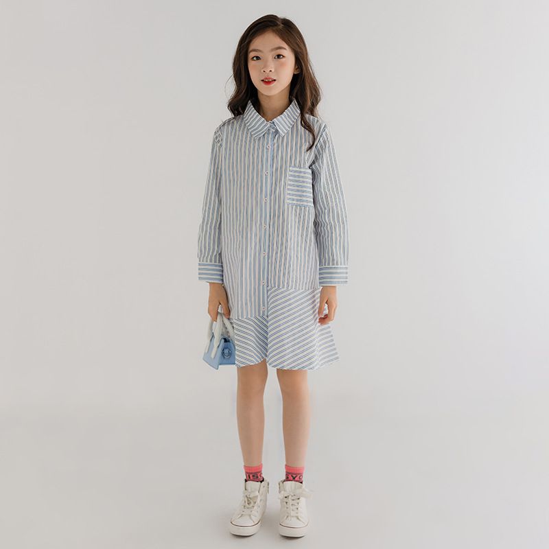 不對稱拼接直紋襯衫洋裝-藍直紋