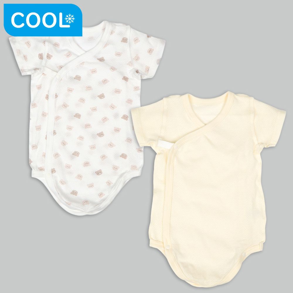 輕鬆方便短袖包屁衣2件組-網眼 前開 小熊-黃色