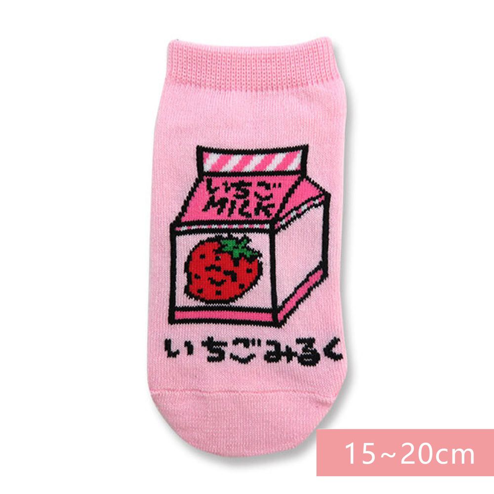 日本 OKUTANI - 童趣日文插畫短襪-草莓牛奶-粉 (15-20cm)