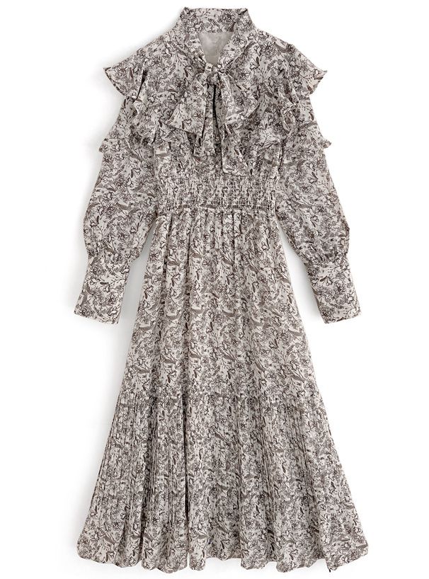 日本 GRL - 碎花荷葉邊收腰雪紡洋裝-米杏