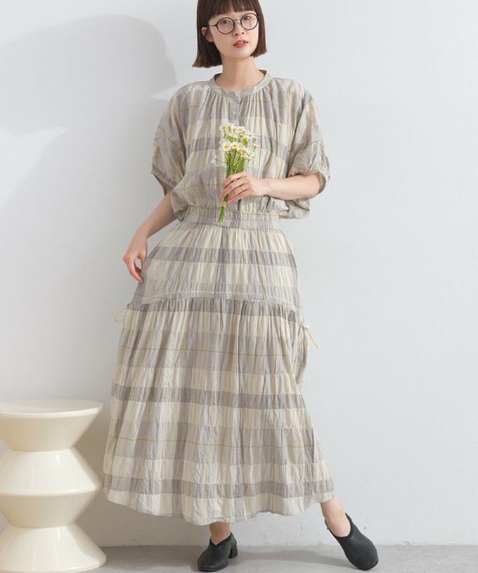 日本 Lupilien - 印度棉 皺皺文青格紋側抽繩長裙-米杏
