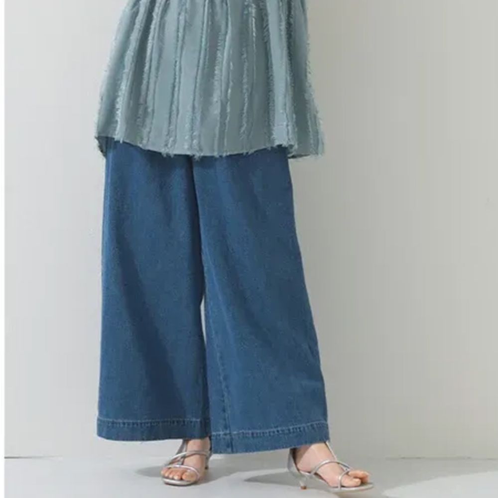 100%棉 時尚寬版彈性腰圍丹寧褲-中藍