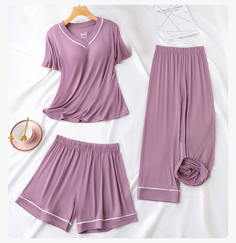 V領莫代爾Bra T短袖家居服套裝-短袖+短褲-紫粉色