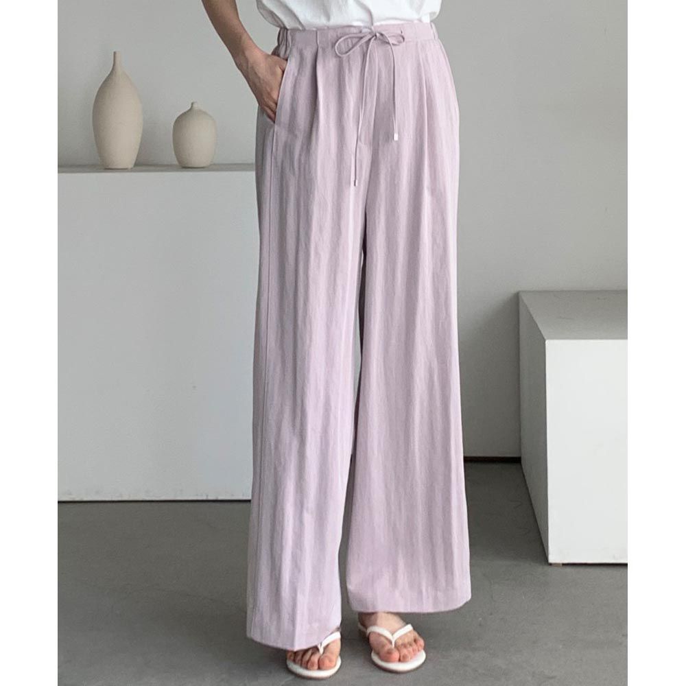 韓國女裝連線 - 鬆緊腰夏日寬鬆落地長褲-粉紫 (FREE)