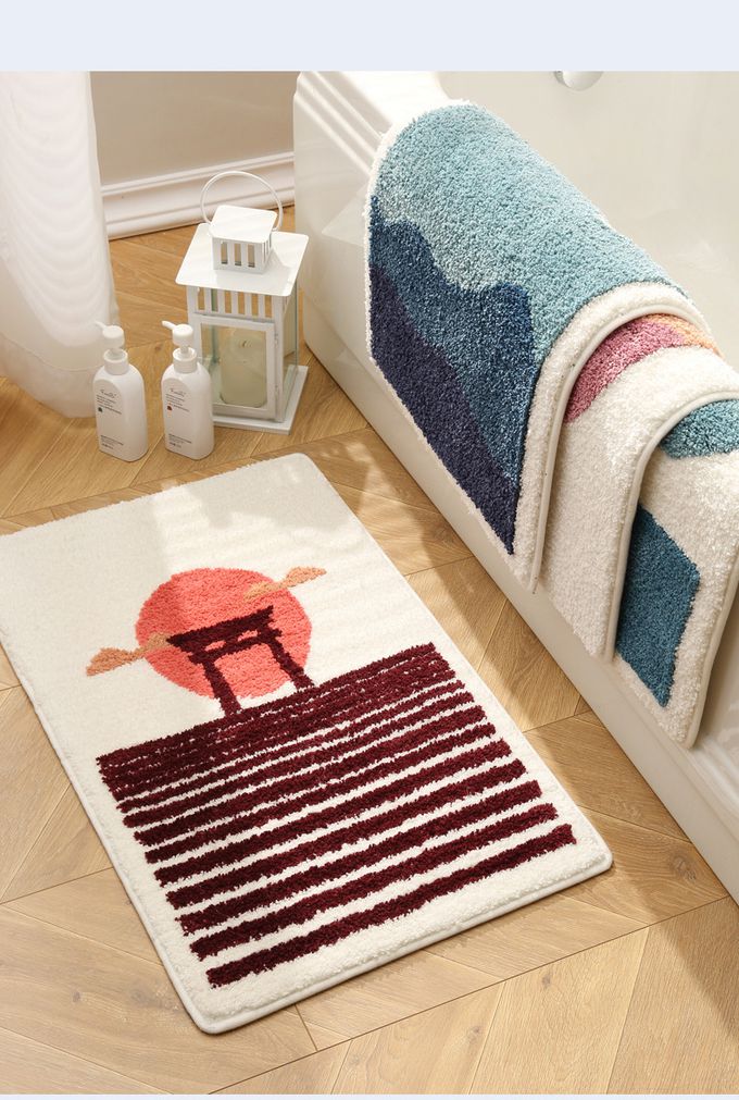 快速吸水植絨浴室腳踏墊-階梯夕陽-米白色