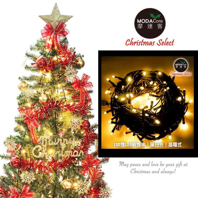 MODACore 摩達客 - 8尺/8呎(240cm)特仕幸福型裝飾綠色聖誕樹 綺紅金雪系配件+100燈LED燈暖白光*2(附控制器）