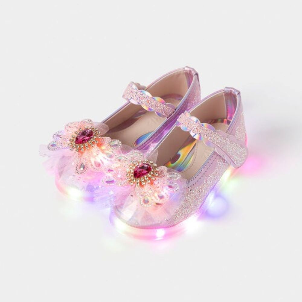 (LED)華麗立體寶石網紗裝飾公主鞋-粉