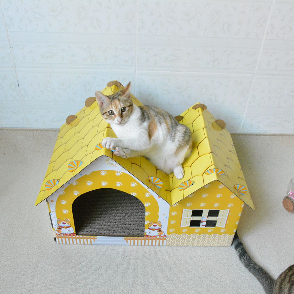 瓦愣紙製造型貓抓屋-歐風雙房-藍色 (53.5x35.x38cm)