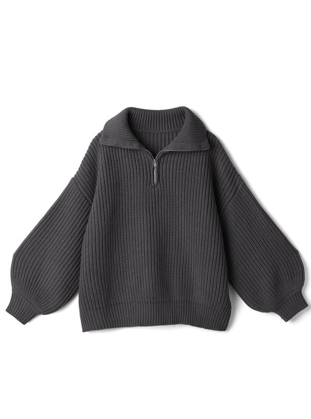 日本 GRL - 率性拉鍊領氣球袖針織上衣-深咖啡 (F)