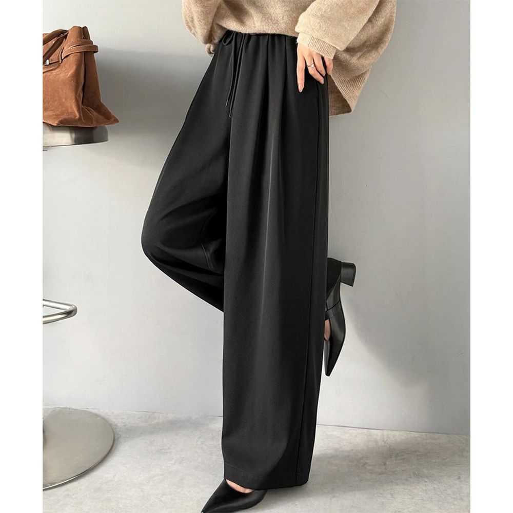 立體版型綁帶寬鬆舒適長褲-黑