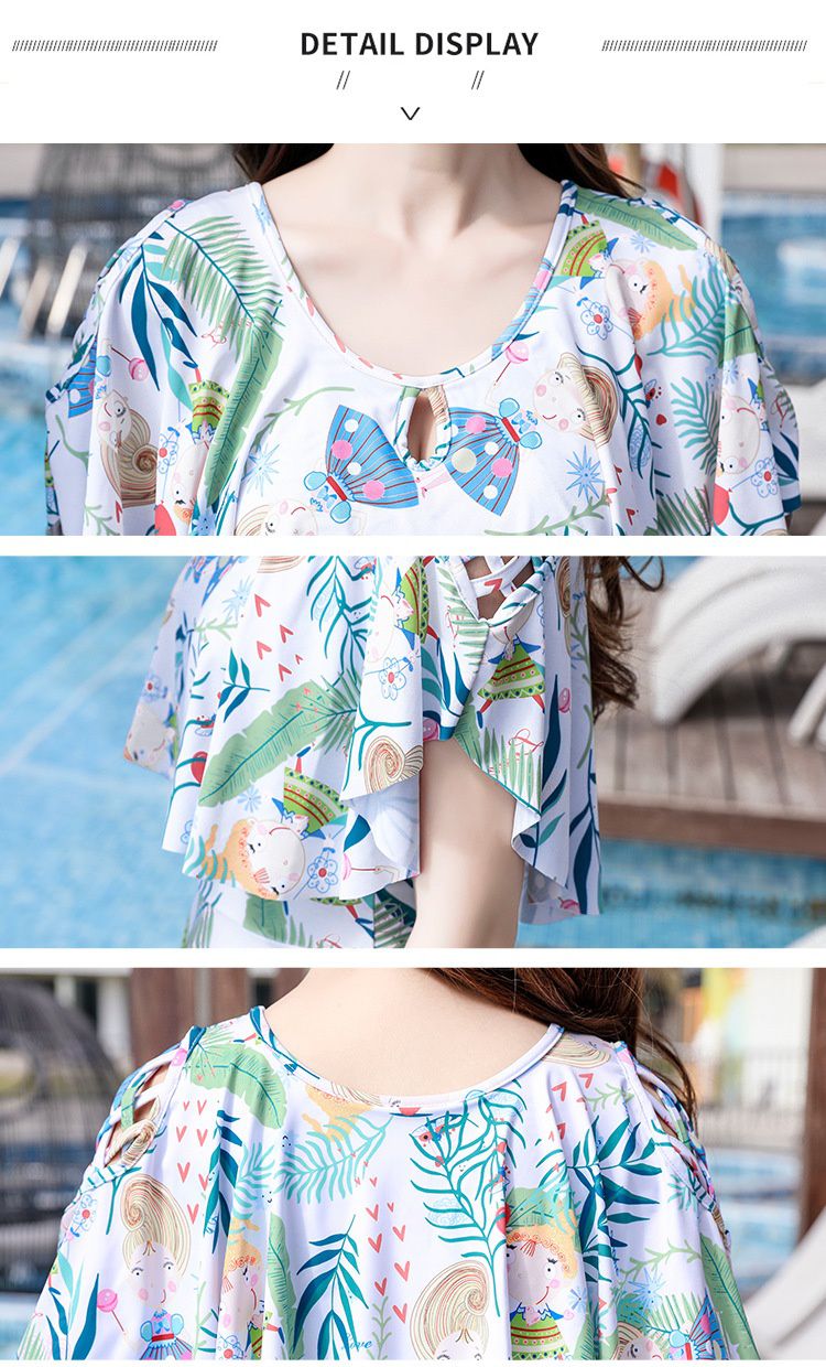 甜美修身顯瘦遮肉連身裙泳衣-潑墨幾何-藍色