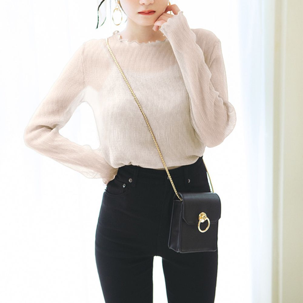 木耳領輕薄透膚長袖上衣(附內搭)-米杏