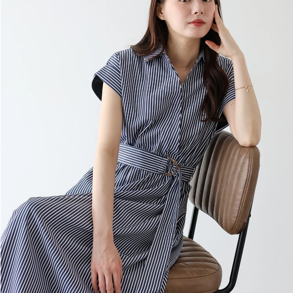 俐落領腰綁帶法式袖顯瘦洋裝-條紋-深藍 (M)