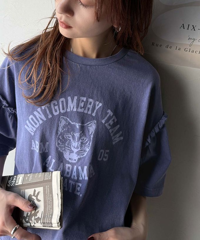 日本 Classical Elf - 貓科酷印花寬大荷葉五分袖上衣-炭灰