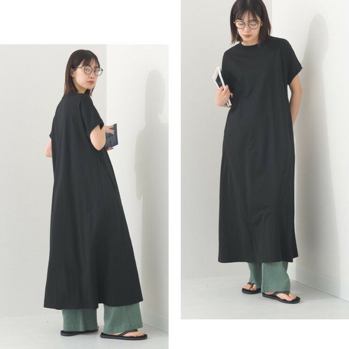 日本 OMNES - 接觸涼感 嫘縈圓領傘狀短袖洋裝-黑