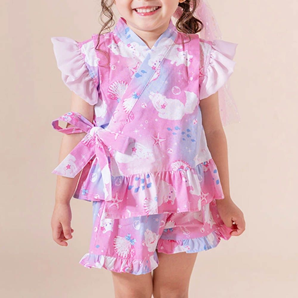 甜美澎澎荷葉純棉二件式甚平-波斯貓-桃粉