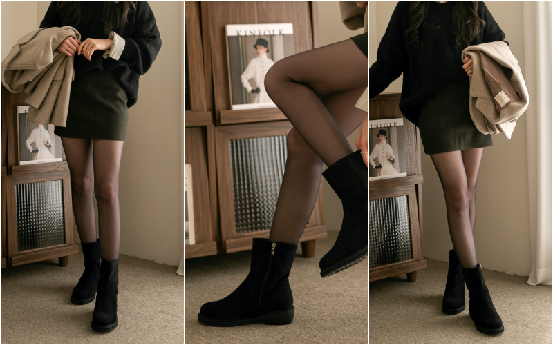 韓國 PINKELEPHANT - 拉鍊式低跟半筒皮靴(4cm)-絨面/內刷毛-褐