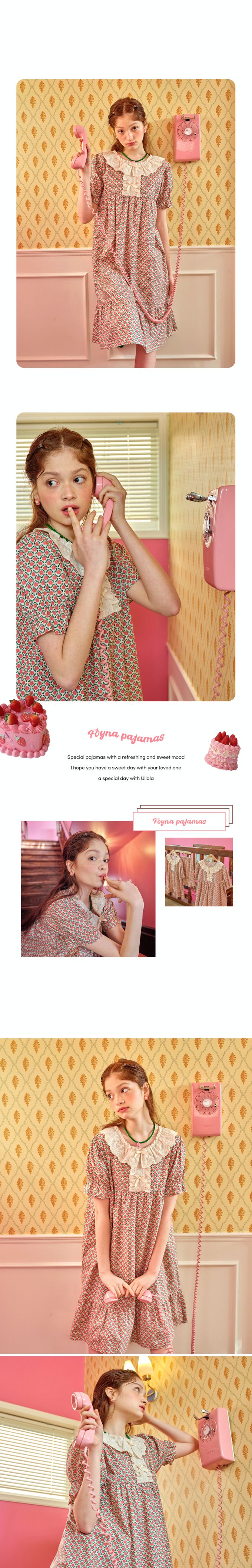 韓國 ULLALA - 花印領口蕾絲拼接短袖睡裙-粉紅花 (FREE)