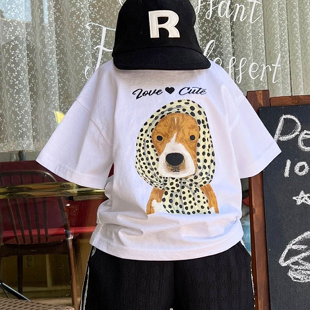 頭巾狗狗印短袖上衣-白