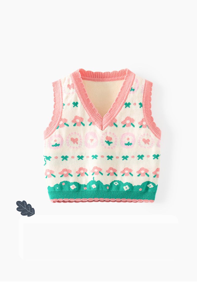 舒適V領百搭針織背心-花花-粉色
