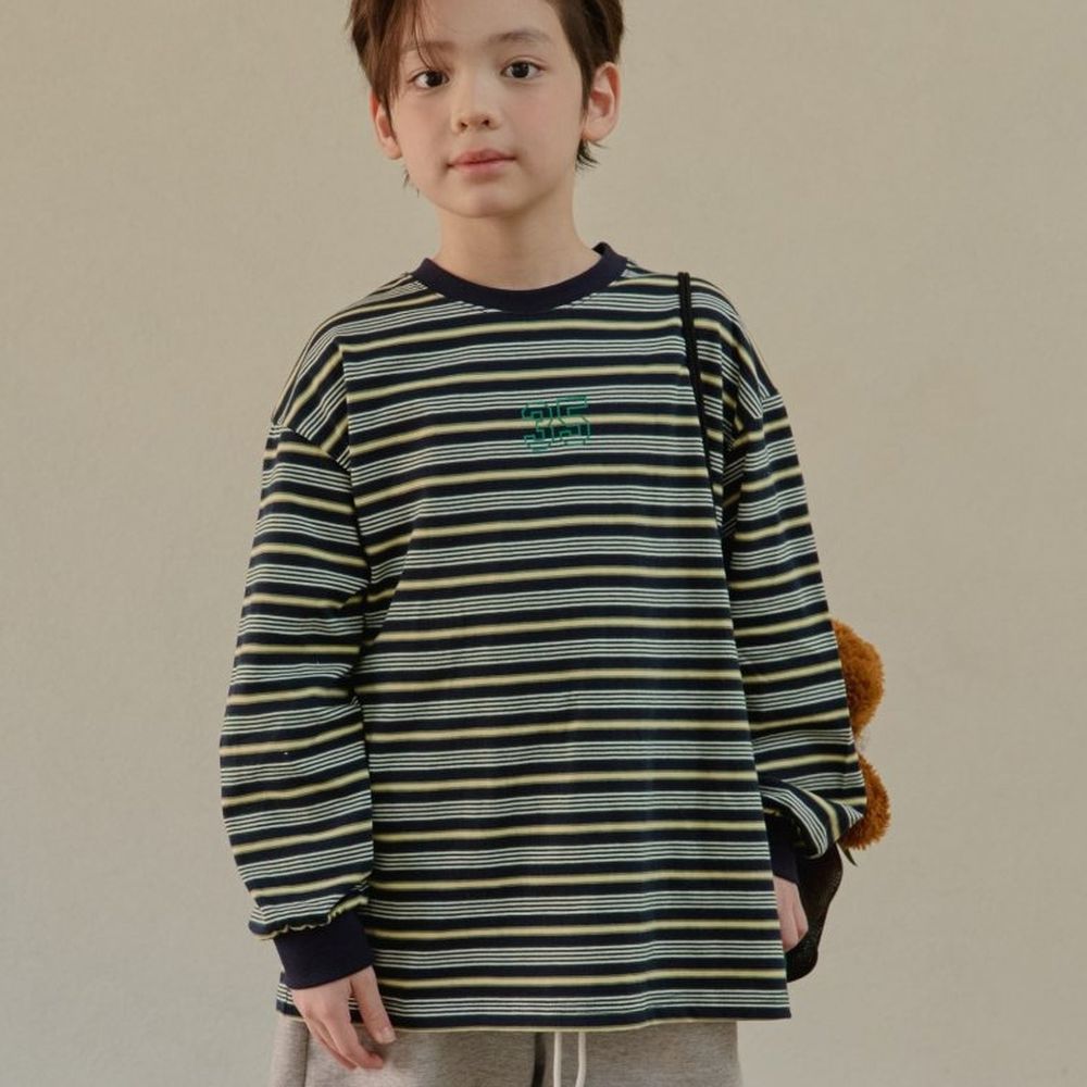 HIKIKI 休閒拼色細條紋長袖上衣-數字35-墨藍